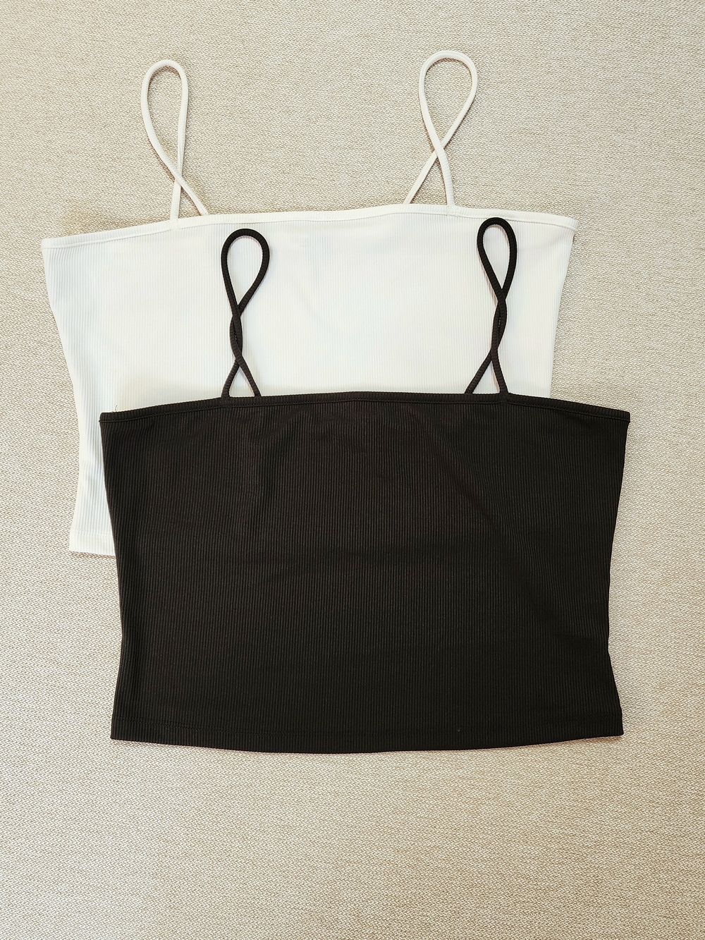 2 Spaghetti Strap Ribbed Crop Tops — Black & White, Large - Picture 4 of 10